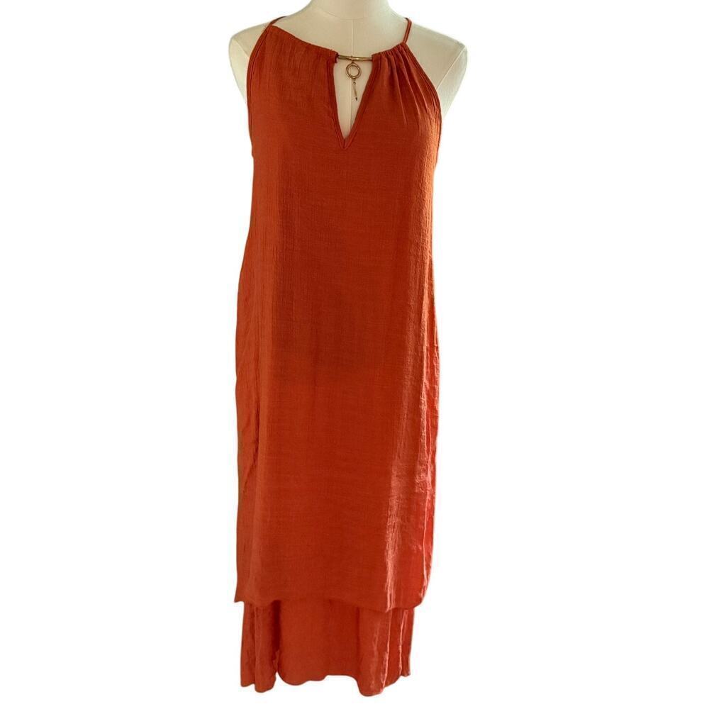 Mlle Gabrielle Burnt Orange Halter Maxi Dress Small High Low Hem Boho Summer
